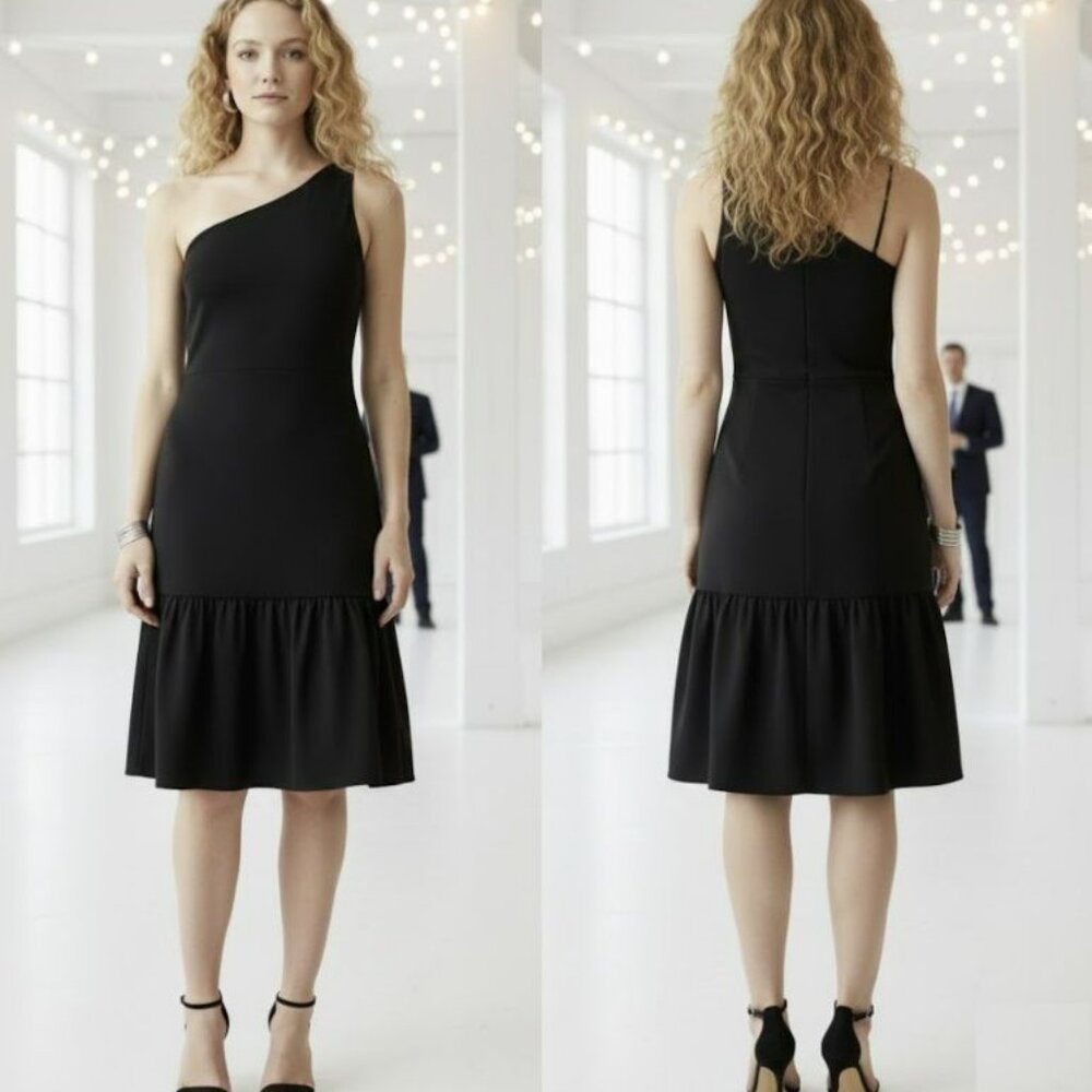 ❤️Banana Republic Womens S One-Shoulder Jersey Midi Dress Black Tiered Hem Party